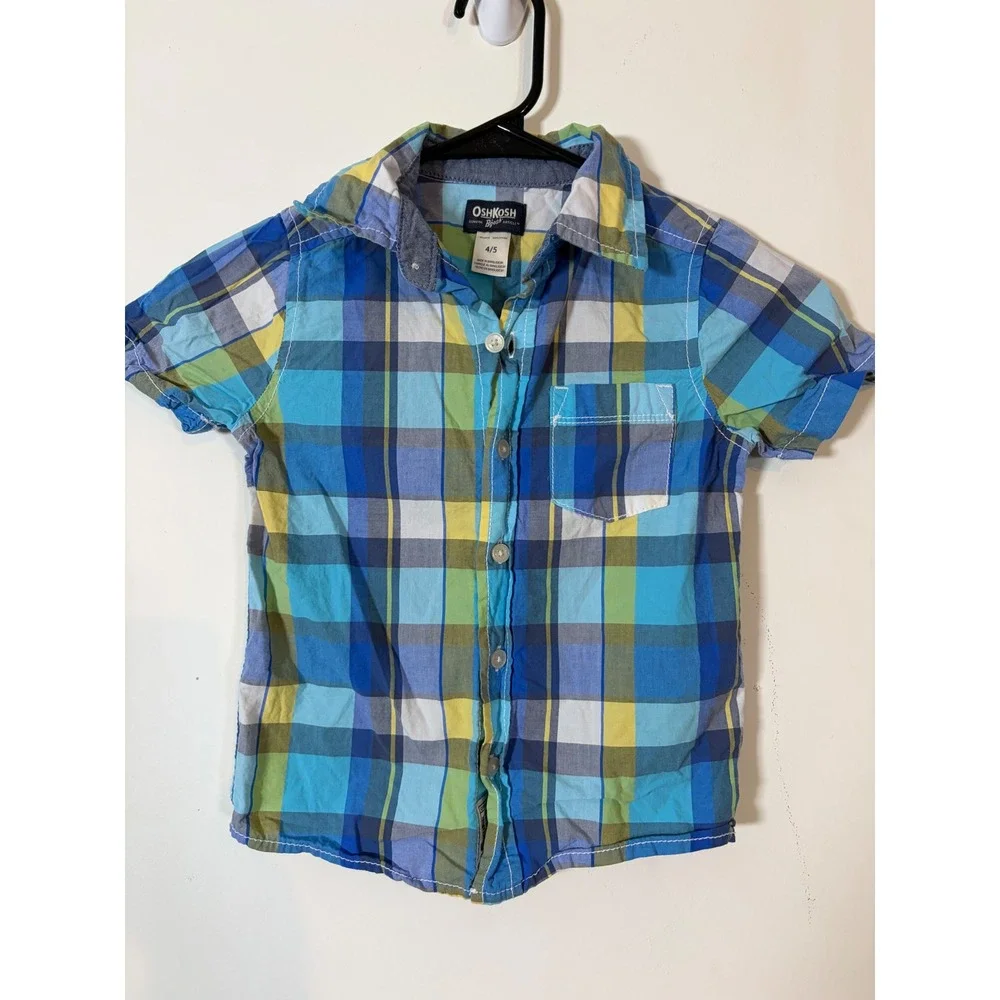 OshKosh Bgosh Boys Blue Green Plaid Short Sleeve Button Down Shirt Size 4/5